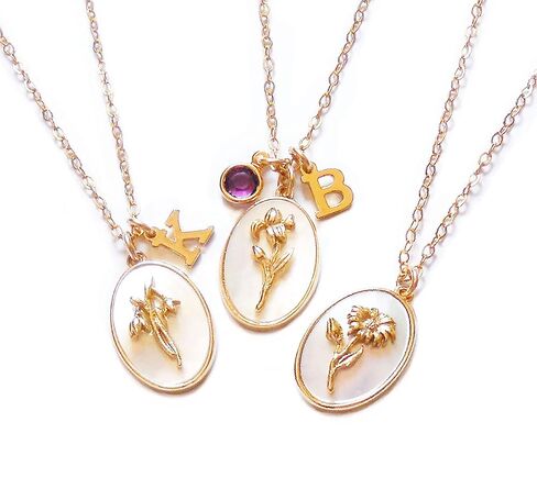 Personalized Birth Flower Necklace, 14k Gold Filled Chain, Birth Month Flower Necklace, Mother of Pearl pendant, Birthday Gift, Mothers Day Gift in Saudi Arabia