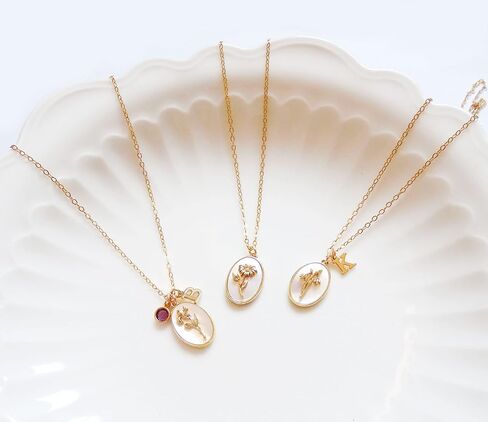 Personalized Birth Flower Necklace, 14k Gold Filled Chain, Birth Month Flower Necklace, Mother of Pearl pendant, Birthday Gift, Mothers Day Gift in Saudi Arabia