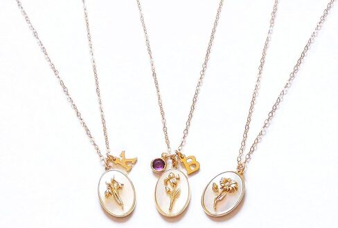 Personalized Birth Flower Necklace, 14k Gold Filled Chain, Birth Month Flower Necklace, Mother of Pearl pendant, Birthday Gift, Mothers Day Gift in Saudi Arabia
