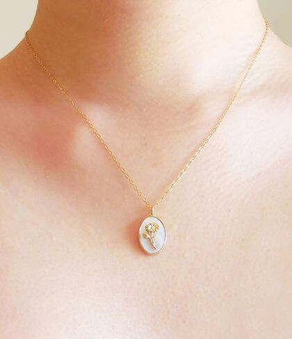 Personalized Birth Flower Necklace, 14k Gold Filled Chain, Birth Month Flower Necklace, Mother of Pearl pendant, Birthday Gift, Mothers Day Gift in Saudi Arabia