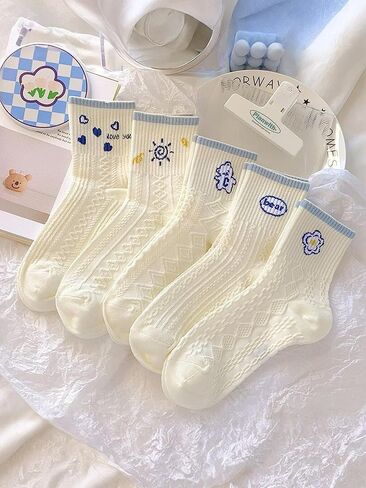 5 Pairs Women's Ankle Socks Fashion Style Floral Vintage Cable Knit Socks, Cute Casual White Mid-Calf Socks in Saudi Arabia