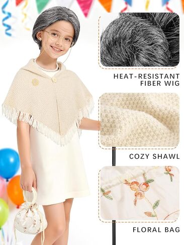 AOTHSO 100 Days of School Old Lady Costume for Girls Granny Grandma Dress Up with Shawl 100th Day Cosplay Outfit for Kids in Saudi Arabia
