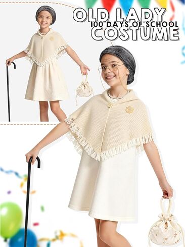 AOTHSO 100 Days of School Old Lady Costume for Girls Granny Grandma Dress Up with Shawl 100th Day Cosplay Outfit for Kids in Saudi Arabia