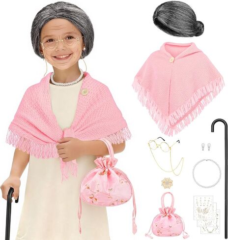 AOTHSO 100 Days of School Old Lady Costume for Girls Granny Grandma Dress Up with Shawl 100th Day Cosplay Outfit for Kids in Saudi Arabia