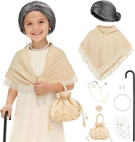 AOTHSO 100 Days of School Old Lady Costume for Girls Granny Grandma Dress Up with Shawl 100th Day Cosplay Outfit for Kids in Saudi Arabia