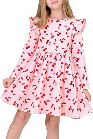 Girls Ruffle Cherry Print Long Sleeve Round Neck A-Line Dress Soft Fabric Casual Everyday Spring Fall Party in Saudi Arabia