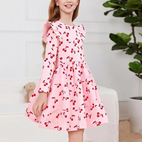 Girls Ruffle Cherry Print Long Sleeve Round Neck A-Line Dress Soft Fabric Casual Everyday Spring Fall Party in Saudi Arabia