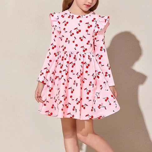 Girls Ruffle Cherry Print Long Sleeve Round Neck A-Line Dress Soft Fabric Casual Everyday Spring Fall Party in Saudi Arabia