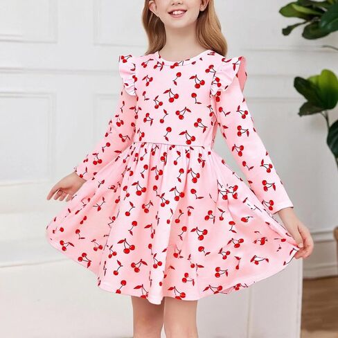 Girls Ruffle Cherry Print Long Sleeve Round Neck A-Line Dress Soft Fabric Casual Everyday Spring Fall Party in Saudi Arabia
