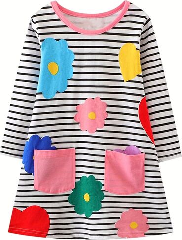 Girls' Long-Sleeved Cotton T-Shirt Dress with Black and White Stripes, Suitable for Children Aged 2-8 in Saudi Arabia