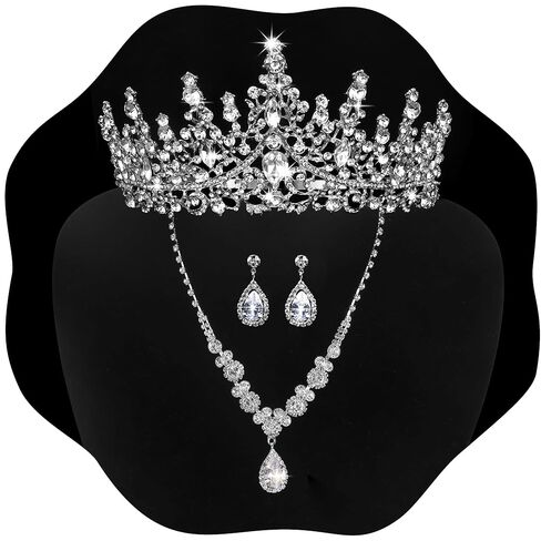 Silver Jewelry Set for Women Crystal Crown Tiara and Necklace Kit, Crown Earrings Neck Accessories for Bride Wedding Halloween Prom Pageant Jewelry Birthday Costume Party Bridesmaid Dress up in Saudi Arabia