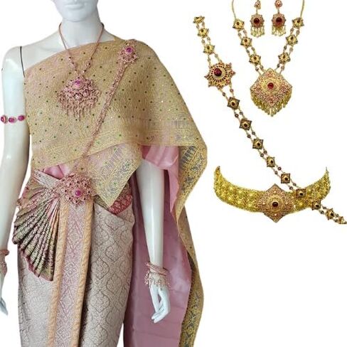 Traditional Thai Jewelry Set – Gold-Tone Costume Accessories for Cultural Dress – Necklace, Earrings, Belt & Chain (1 Set) in Saudi Arabia