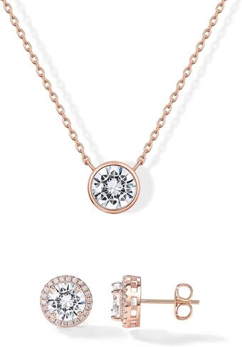 PAVOI 14K Rose Gold Plated Jewelry Set - Halo Stud Earrings and Solitaire Pendant Necklace | Dainty Cubic Zirconia Choker and Round Brilliant Earrings Gift Set for Women in Saudi Arabia