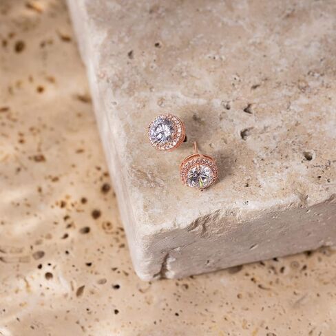 PAVOI 14K Rose Gold Plated Jewelry Set - Halo Stud Earrings and Solitaire Pendant Necklace | Dainty Cubic Zirconia Choker and Round Brilliant Earrings Gift Set for Women in Saudi Arabia