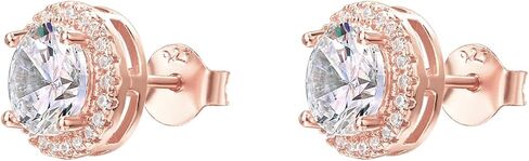 PAVOI 14K Rose Gold Plated Jewelry Set - Halo Stud Earrings and Solitaire Pendant Necklace | Dainty Cubic Zirconia Choker and Round Brilliant Earrings Gift Set for Women in Saudi Arabia
