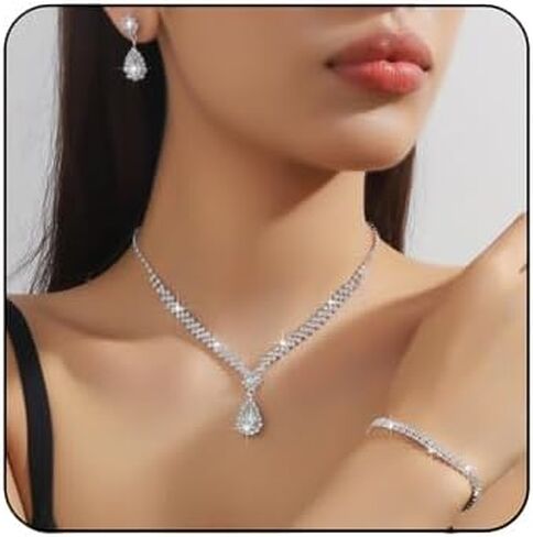Prom Earrings Necklace Bracelet Set for Women Bridal Wedding Prom Jewelry Set Sparkling Cubic Zirconia Teardrop Pendant Necklace Earrings Elegant Bridal Accessories for Weddings Prom Parties in Saudi Arabia