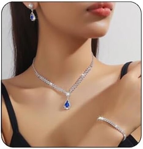 Prom Earrings Necklace Bracelet Set for Women Bridal Wedding Prom Jewelry Set Sparkling Cubic Zirconia Teardrop Pendant Necklace Earrings Elegant Bridal Accessories for Weddings Prom Parties in Saudi Arabia