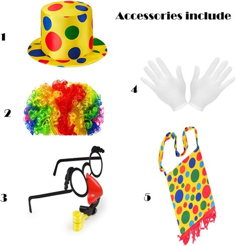 7pcs Clown Costume Set, Jumpsuit with Wig Bag Hat Gloves Glasses Holloween Adult Teens Clown Outfit Party Dress up in Saudi Arabia