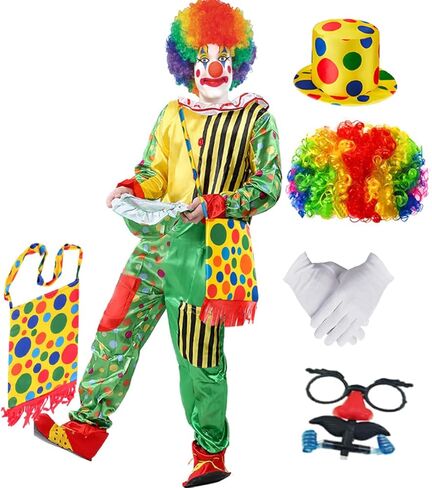 7pcs Clown Costume Set, Jumpsuit with Wig Bag Hat Gloves Glasses Holloween Adult Teens Clown Outfit Party Dress up in Saudi Arabia