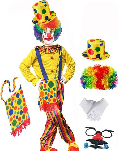 7pcs Clown Costume Set, Jumpsuit with Wig Bag Hat Gloves Glasses Holloween Adult Teens Clown Outfit Party Dress up in Saudi Arabia