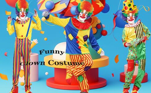 7pcs Clown Costume Set, Jumpsuit with Wig Bag Hat Gloves Glasses Holloween Adult Teens Clown Outfit Party Dress up in Saudi Arabia