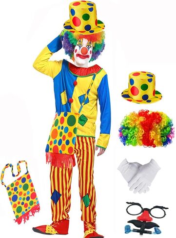 7pcs Clown Costume Set, Jumpsuit with Wig Bag Hat Gloves Glasses Holloween Adult Teens Clown Outfit Party Dress up in Saudi Arabia
