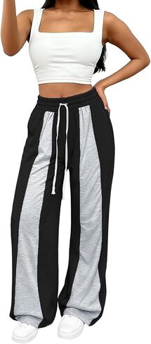 Women's Tall Wide Leg Sweatpants Color Block Drawstring Loose Baggy Sweat Pants in Saudi Arabia