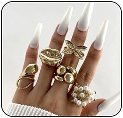 5Pcs Chunky Gold Ring Sets Vintage Lip Pearl Flower Knuckle Statement Ring Set Irregular Stacking Open Ring Set Punk Fashion Jewelry Accessories for Women in Saudi Arabia