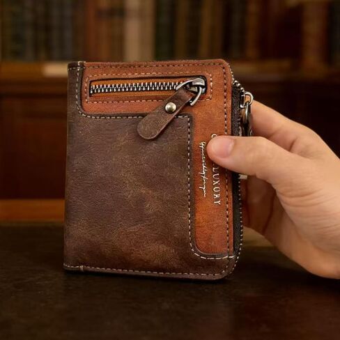 Men's Short Wallet with Zipper, Handcrafted Dark Brown Leather Compact Wallet with Multiple Card Slots & Coin Pocket, Slim Bifold Wallet Gift for Dad, Boyfriend, Grandfather, Christmas & New Year in Saudi Arabia