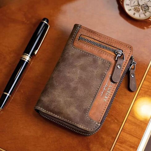 Men's Short Wallet with Zipper, Handcrafted Dark Brown Leather Compact Wallet with Multiple Card Slots & Coin Pocket, Slim Bifold Wallet Gift for Dad, Boyfriend, Grandfather, Christmas & New Year in Saudi Arabia