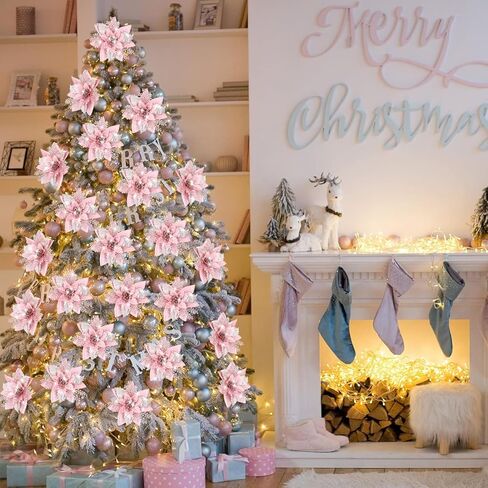 10pcs Set Pink Glitter Christmas Flowers - Perfect for Tree & Home Decor, Autumn and Winter Ambiance, Outdoor Christmas Decor in Saudi Arabia