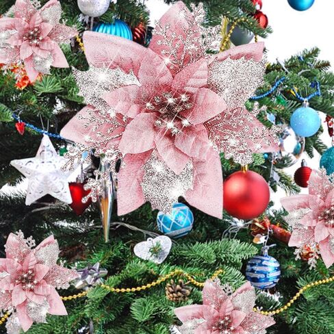 10pcs Set Pink Glitter Christmas Flowers - Perfect for Tree & Home Decor, Autumn and Winter Ambiance, Outdoor Christmas Decor in Saudi Arabia