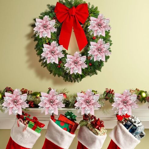 10pcs Set Pink Glitter Christmas Flowers - Perfect for Tree & Home Decor, Autumn and Winter Ambiance, Outdoor Christmas Decor in Saudi Arabia