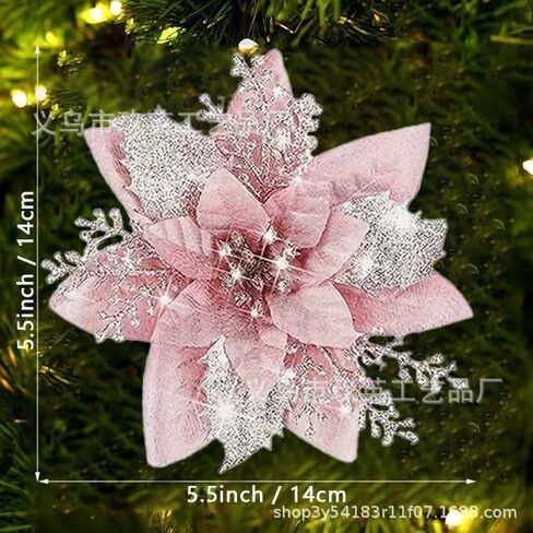 10pcs Set Pink Glitter Christmas Flowers - Perfect for Tree & Home Decor, Autumn and Winter Ambiance, Outdoor Christmas Decor in Saudi Arabia