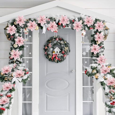 10pcs Set Pink Glitter Christmas Flowers - Perfect for Tree & Home Decor, Autumn and Winter Ambiance, Outdoor Christmas Decor in Saudi Arabia