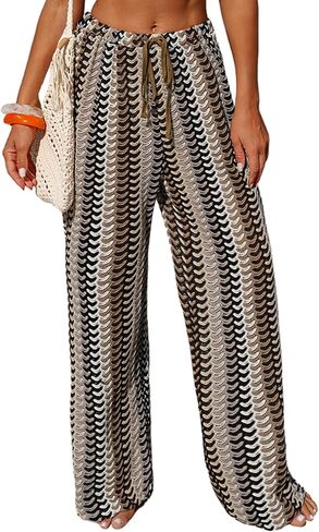 ZAFUL Womens Beach Cover Up Pants Sexy Crochet Drawstring Elastic Boho Swimsuit Cover Up Long Pants Beach Wear in Saudi Arabia