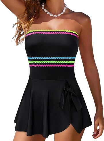 popvil Strapless One Piece Swimsuits for Women 2026 Tummy Control Swim Dress Bandeau Bathing Suit with Colorful Trim Cute Bow in Saudi Arabia
