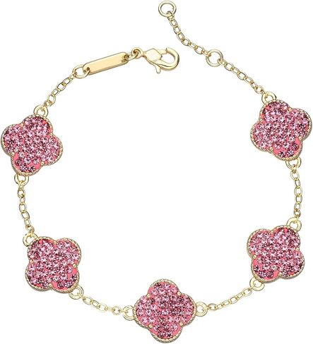 14k Gold Plated Sparkling Pink Cubic Zirconia Clover Bracelet for Women, Dainty Four Leaf Clover Sparkling Pink Bracelet, Adjustable Size, Trendy Jewelry Gifts For Her in Saudi Arabia