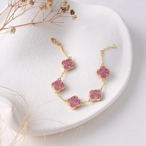14k Gold Plated Sparkling Pink Cubic Zirconia Clover Bracelet for Women, Dainty Four Leaf Clover Sparkling Pink Bracelet, Adjustable Size, Trendy Jewelry Gifts For Her in Saudi Arabia