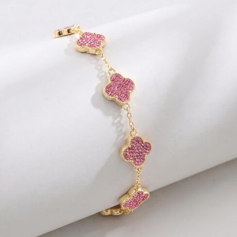 14k Gold Plated Sparkling Pink Cubic Zirconia Clover Bracelet for Women, Dainty Four Leaf Clover Sparkling Pink Bracelet, Adjustable Size, Trendy Jewelry Gifts For Her in Saudi Arabia