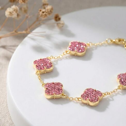 14k Gold Plated Sparkling Pink Cubic Zirconia Clover Bracelet for Women, Dainty Four Leaf Clover Sparkling Pink Bracelet, Adjustable Size, Trendy Jewelry Gifts For Her in Saudi Arabia