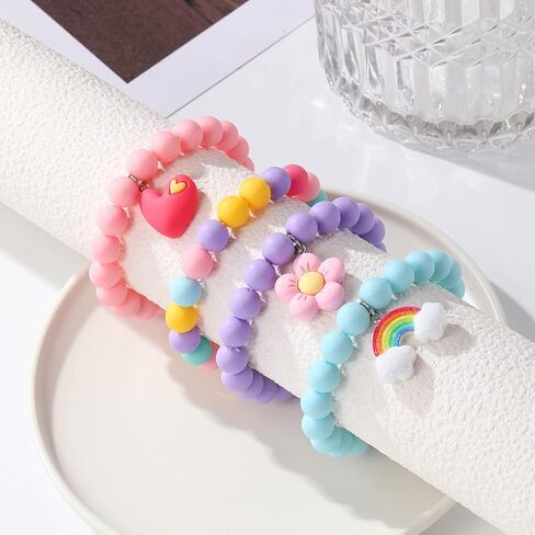 4 Pcs Cute Cartoon Colorful Beaded Bracelets, Rainbow Flower Pendant Decorative Accessories, Cute Beaded Bracelets Rainbow Heart Pendants Jewelry Gifts in Saudi Arabia