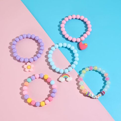 4 Pcs Cute Cartoon Colorful Beaded Bracelets, Rainbow Flower Pendant Decorative Accessories, Cute Beaded Bracelets Rainbow Heart Pendants Jewelry Gifts in Saudi Arabia