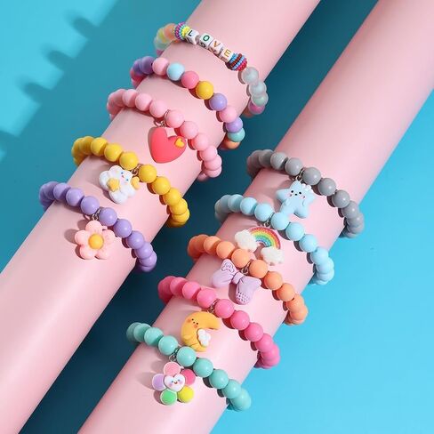 4 Pcs Cute Cartoon Colorful Beaded Bracelets, Rainbow Flower Pendant Decorative Accessories, Cute Beaded Bracelets Rainbow Heart Pendants Jewelry Gifts in Saudi Arabia