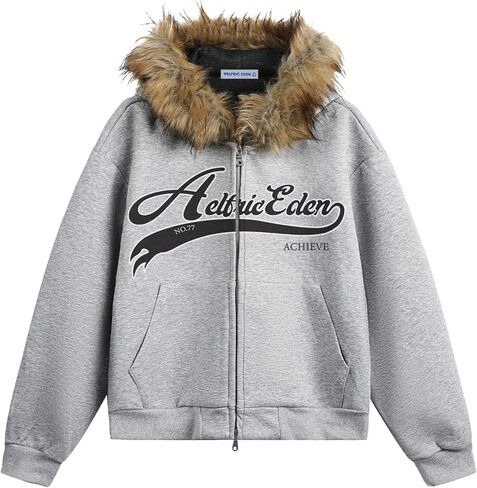 Aelfric Eden Faux Fur Collar Boxy Zip Up Hoodie Y2K Couple Hooded Sweatshirt Retro Streetwear Jacket in Saudi Arabia