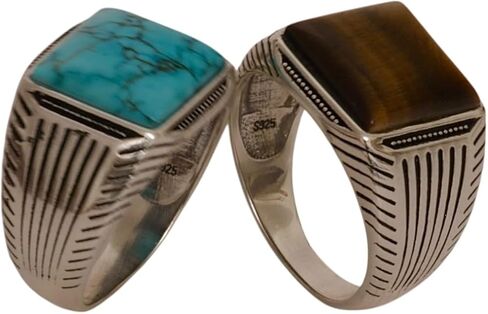Opulent 925 Sterling Silver Tiger’s Eye, Onyx, or Turquoise Ring- Flat top Tiger's Eye- Goth, Signet and Turkish Men Ring for thumb, index, middle, ring, and pinky finger. Ausgust & December Birthstone in Saudi Arabia