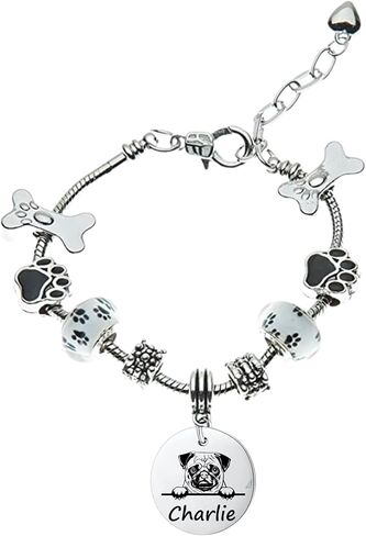 Pug Dog Gifts, Personalized Pug Beaded Charm Bracelet, Custom Engraved Dog Jewelry, Memorial Keepsake for Dog Mom, Dog Lover Gift in Saudi Arabia