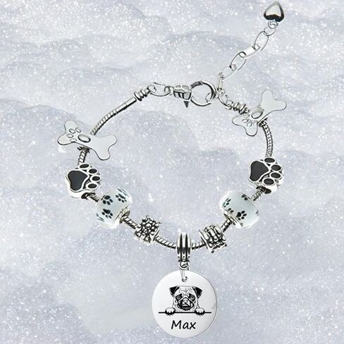 Pug Dog Gifts, Personalized Pug Beaded Charm Bracelet, Custom Engraved Dog Jewelry, Memorial Keepsake for Dog Mom, Dog Lover Gift in Saudi Arabia