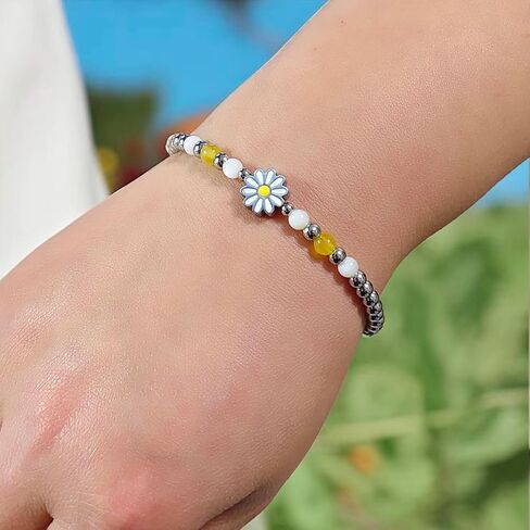 Daisy Bracelet for Women,Rainbow Gemstone Beaded Bracelet with Stainless Steel Daisy Flower Charm,Handmade Natural Stone Jewelry, Ideal Gift for Her in Saudi Arabia