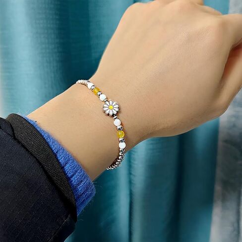 Daisy Bracelet for Women,Rainbow Gemstone Beaded Bracelet with Stainless Steel Daisy Flower Charm,Handmade Natural Stone Jewelry, Ideal Gift for Her in Saudi Arabia